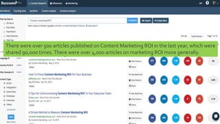 CLICK TO EDIT MASTER TITLE
Click to edit Master subtitle style
There were over 500 articles published on Content Marketing ROI in the last year, which were
shared 90,000 times.There were over 4,000 articles on marketing ROI more generally.
 