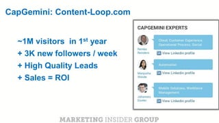 CLICK TO EDIT MASTER TITLE
Click to edit Master subtitle style
CapGemini: Content-Loop.com
~1M visitors in 1st year
+ 3K new followers / week
+ High Quality Leads
+ Sales = ROI
 