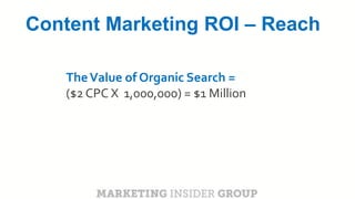 CLICK TO EDIT MASTER TITLE
Click to edit Master subtitle style
Content Marketing ROI – Reach
TheValue of Organic Search =
($2 CPC X 1,000,000) = $1 Million
 