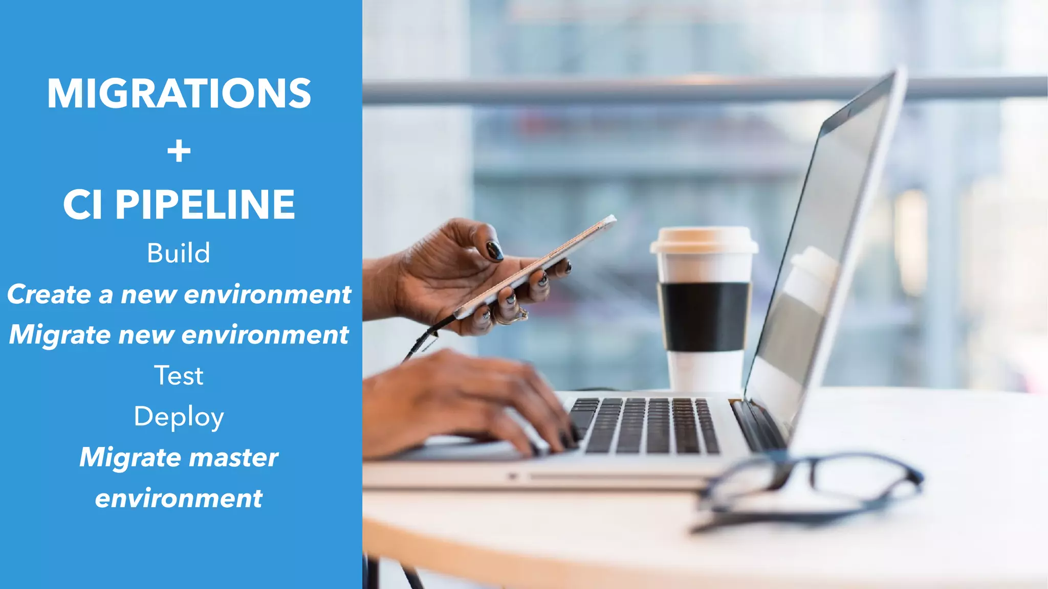 MIGRATIONS
+
CI PIPELINE
Build
Create a new environment
Migrate new environment
Test
Deploy
Migrate master
environment
 