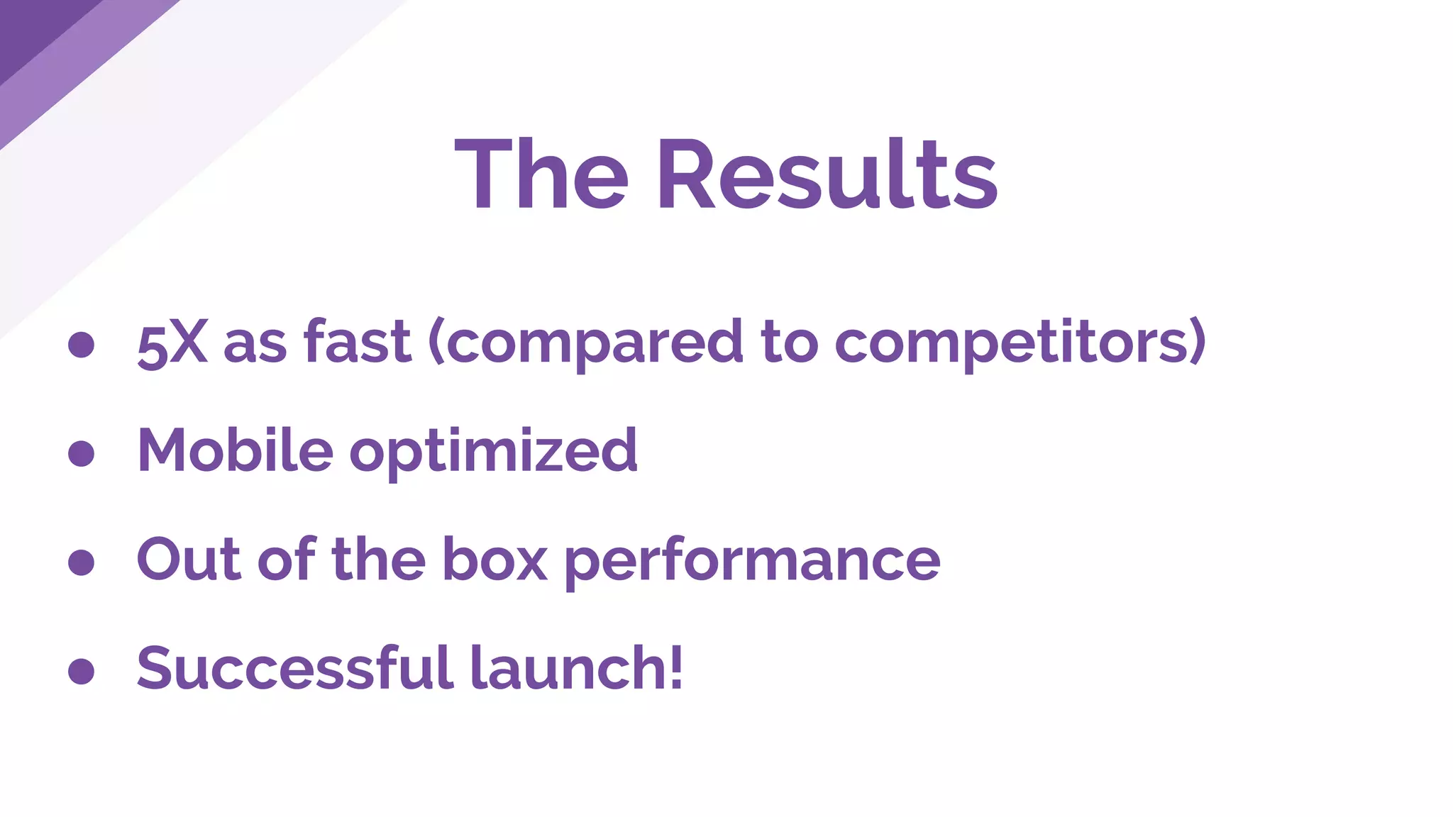 The Results
● 5X as fast (compared to competitors)
● Mobile optimized
● Out of the box performance
● Successful launch!
 