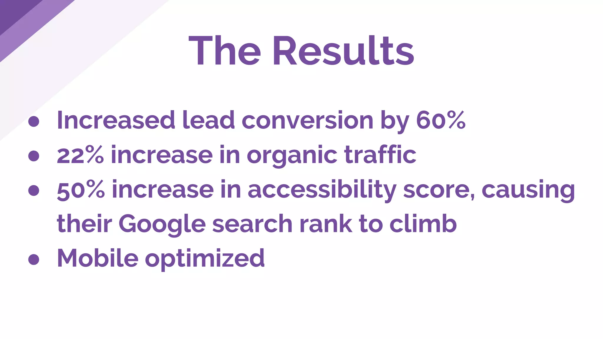 The Results
● Increased lead conversion by 60%
● 22% increase in organic traffic
● 50% increase in accessibility score, causing
their Google search rank to climb
● Mobile optimized
 