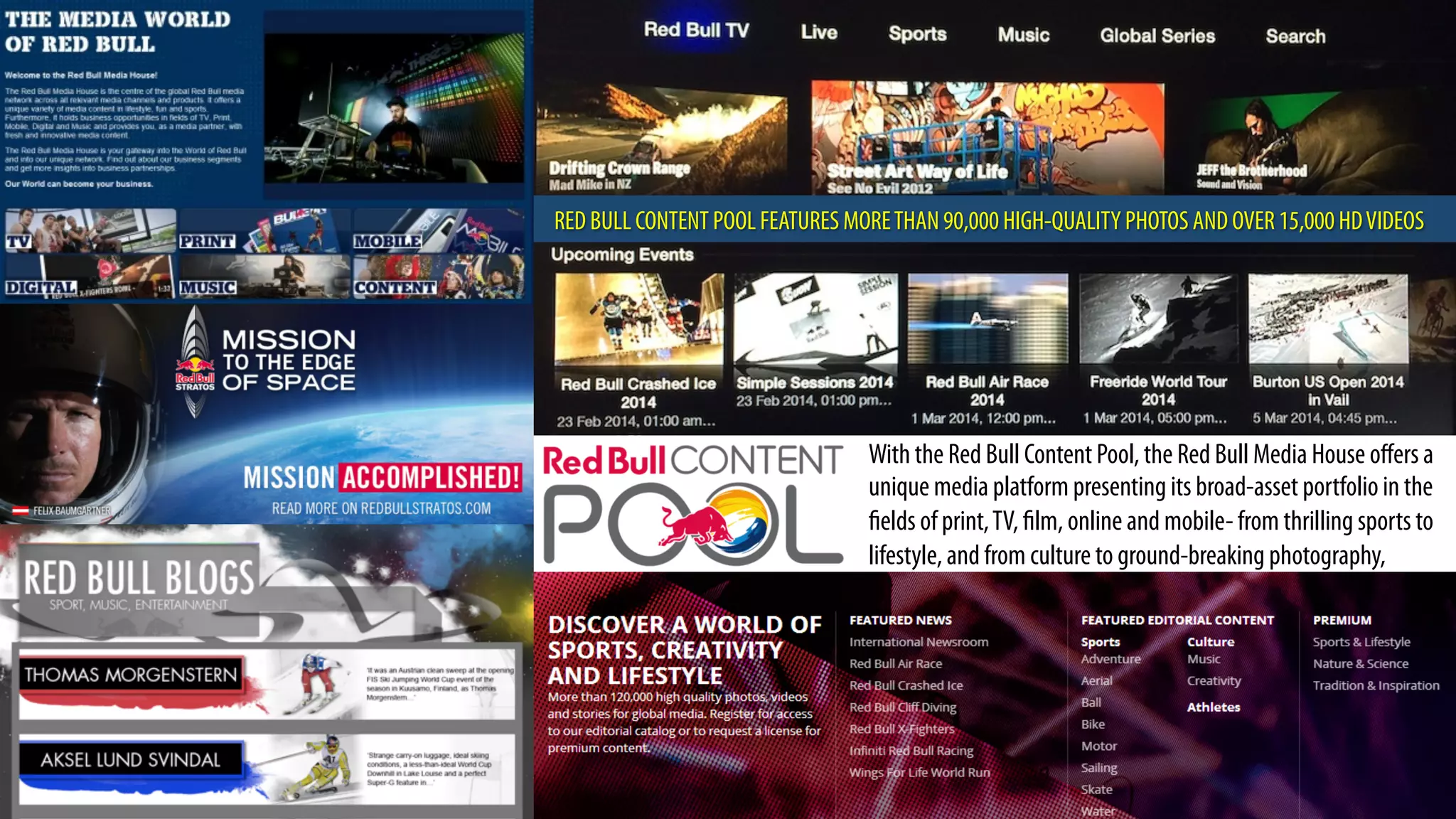 With the Red Bull Content Pool, the Red Bull Media House oﬀers a
unique media platform presenting its broad-asset portfolio in the
fields of print,TV, film, online and mobile- from thrilling sports to
lifestyle, and from culture to ground-breaking photography,
RED BULL CONTENT POOL FEATURES MORETHAN 90,000 HIGH-QUALITY PHOTOS AND OVER 15,000 HDVIDEOS
 