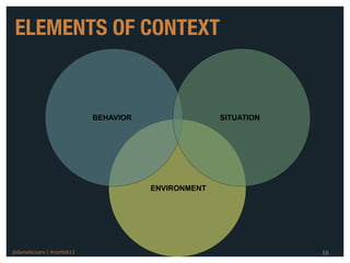 ELEMENTS OF CONTEXT


                            BEHAVIOR                 SITUATION




                                       ENVIRONMENT




@danieleizans | #confab12                                        16
 