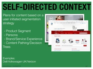 SELF-DIRECTED CONTEXT
Plans for content based on a
user initiated segmentation
strategy

 - Product Segment
 - Persona
 - Brand/Service Experience
 - Content Pathing/Decision
Trees


Examples:
Dell/Volkswagen UK/Verizon
@danieleizans | #confab2012    37
 