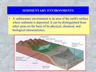 SEDIMENTARY ENVIRONMENTS
• A sedimentary environment is an area of the earth's surface
where sediment is deposited. It can be distinguished from
other areas on the basis of its physical, chemical, and
biological characteristics.
 