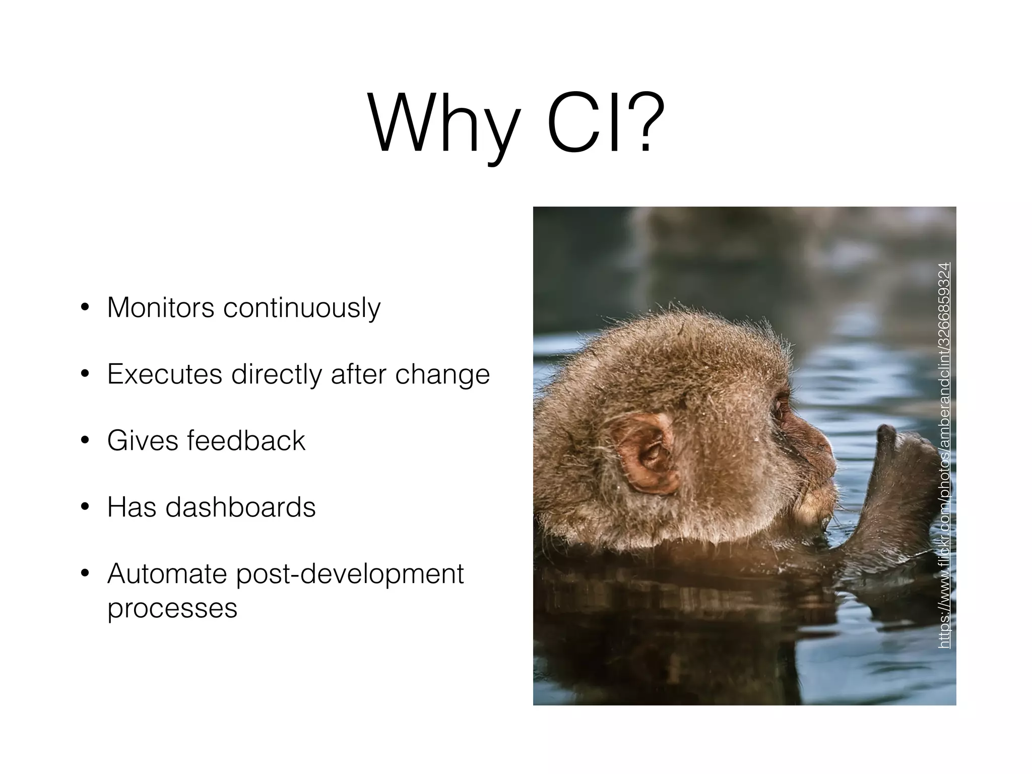 Why CI?
• Monitors continuously
• Executes directly after change
• Gives feedback
• Has dashboards
• Automate post-development
processes
https://www.ﬂickr.com/photos/amberandclint/3266859324
 