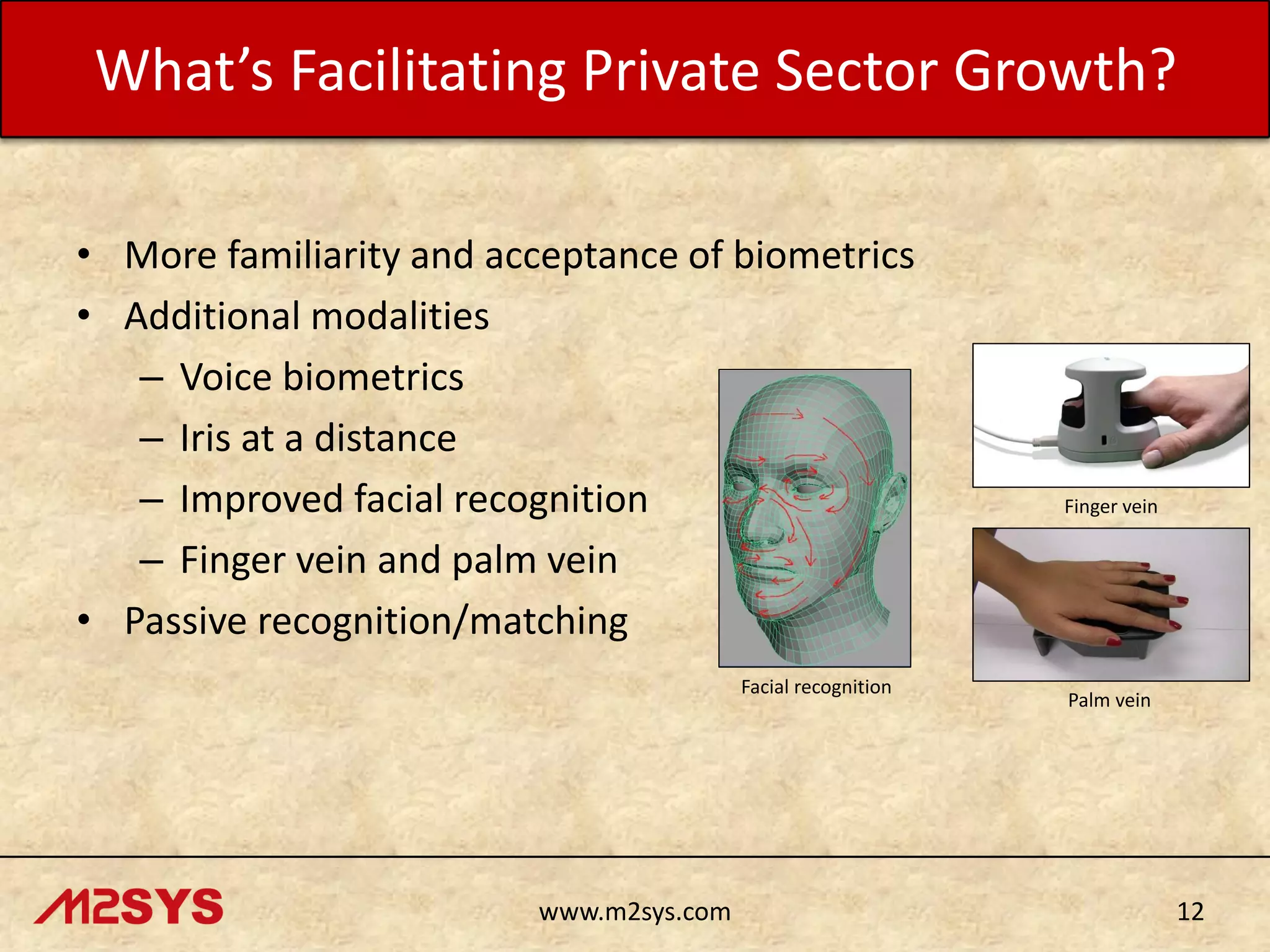 What’s Facilitating Private Sector Growth?
• More familiarity and acceptance of biometrics
• Additional modalities
– Voice biometrics
– Iris at a distance
– Improved facial recognition
– Finger vein and palm vein
• Passive recognition/matching
Facial recognition

www.m2sys.com

Finger vein

Palm vein

12

 
