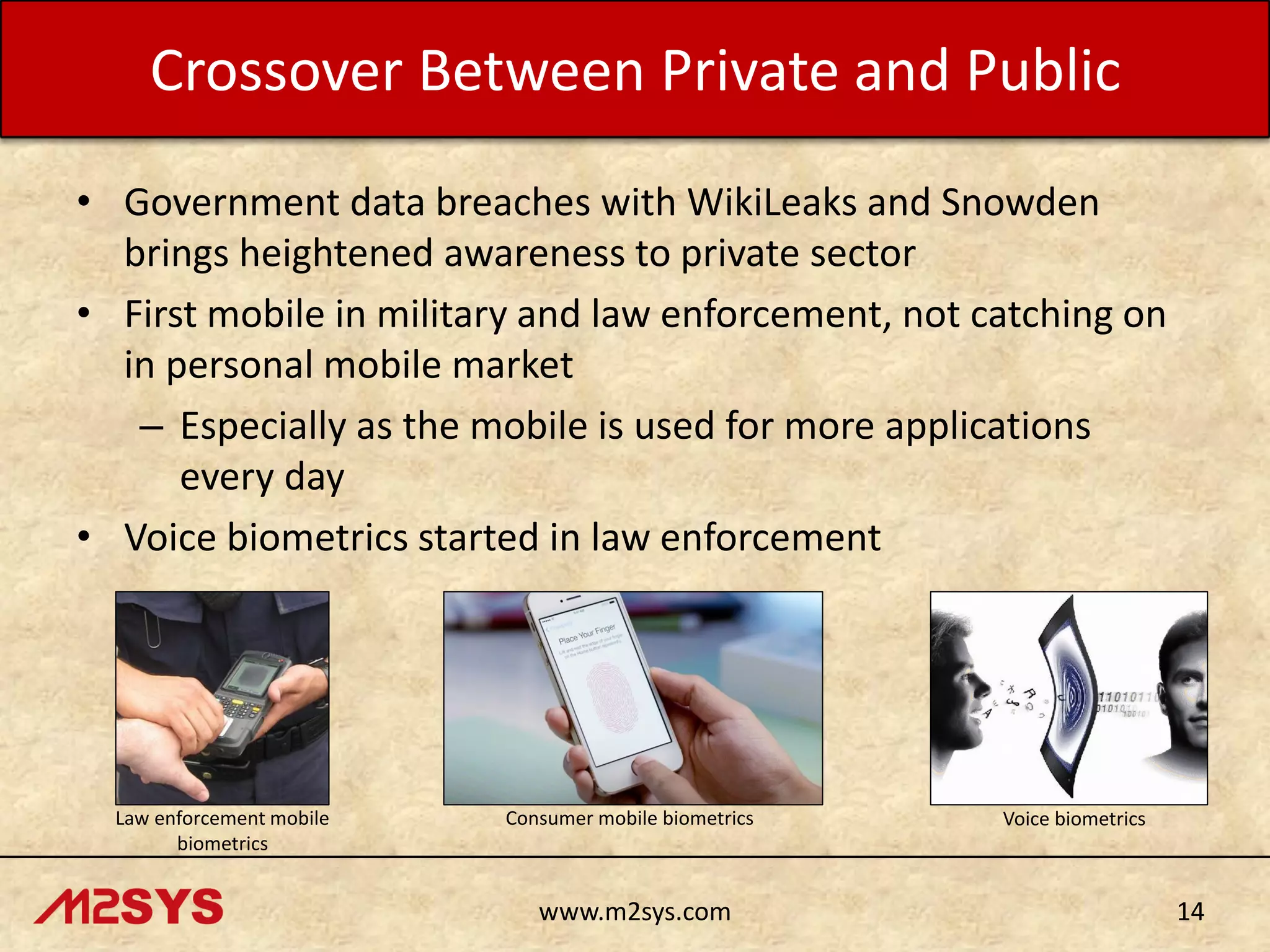 Crossover Between Private and Public
• Government data breaches with WikiLeaks and Snowden
brings heightened awareness to private sector
• First mobile in military and law enforcement, not catching on
in personal mobile market
– Especially as the mobile is used for more applications
every day
• Voice biometrics started in law enforcement

Law enforcement mobile
biometrics

Consumer mobile biometrics

www.m2sys.com

Voice biometrics

14

 