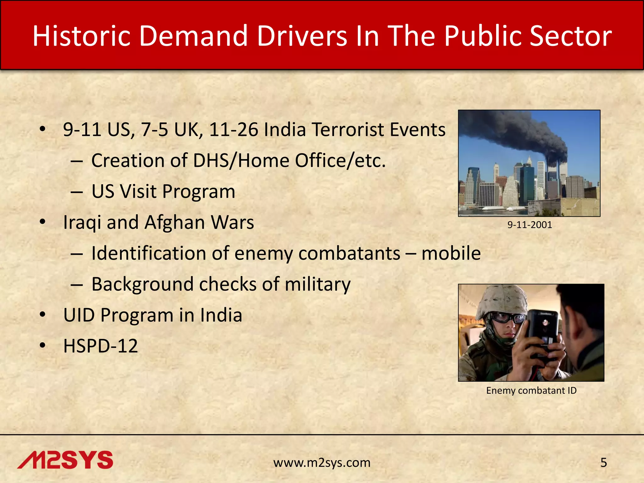 Historic Demand Drivers In The Public Sector
• 9-11 US, 7-5 UK, 11-26 India Terrorist Events
– Creation of DHS/Home Office/etc.
– US Visit Program
• Iraqi and Afghan Wars
– Identification of enemy combatants – mobile
– Background checks of military
• UID Program in India
• HSPD-12

9-11-2001

Enemy combatant ID

www.m2sys.com

5

 