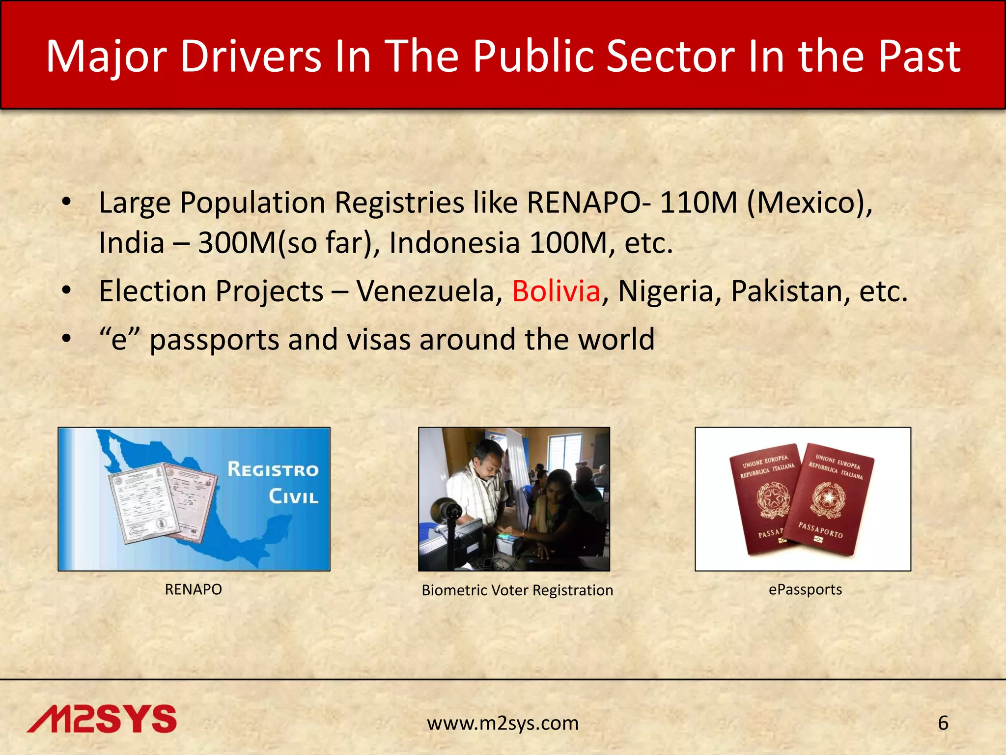 Major Drivers In The Public Sector In the Past
• Large Population Registries like RENAPO- 110M (Mexico),
India – 300M(so far), Indonesia 100M, etc.
• Election Projects – Venezuela, Bolivia, Nigeria, Pakistan, etc.
• “e” passports and visas around the world

RENAPO

Biometric Voter Registration

www.m2sys.com

ePassports

6

 