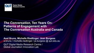 CRICOS No.00213J
The Conversation, Ten Years On:
Patterns of Engagement with
The Conversation Australia and Canada
Axel Bruns, Michelle Riedlinger, Jean Burgess
a.bruns / michelle.riedlinger / je.burgess @ qut.edu.au
QUT Digital Media Research Centre /
Global Journalism Innovation Lab
 