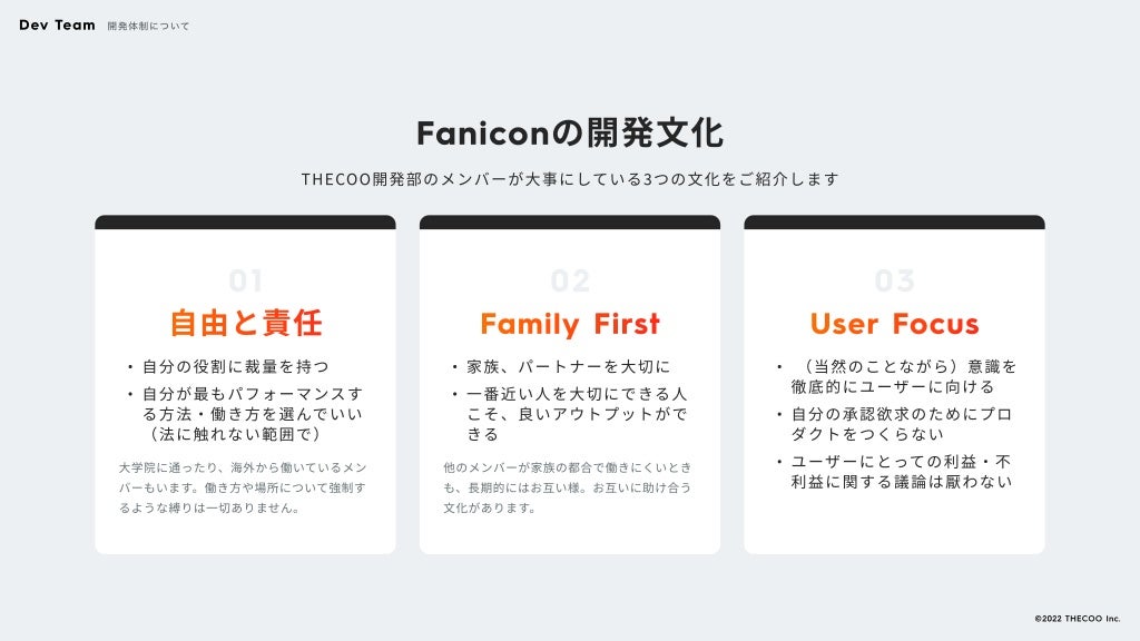 Faniconの開発文化
THECOO開発部のメンバーが大事にしている3つの文化をご紹介します
01
自由と責任
自分の役割に裁量を持
自分が最もパフォーマンスす
る方法・働き方を選んでいい
（法に触れない範囲で）
大学院に通ったり、海外から働いているメン
バーもいます。働き方や場所について強制す
るような縛りは一切ありません。
02
Family First
家族、パートナーを大切
一番近い人を大切にできる人
こそ、良いアウトプットがで
きる
他のメンバーが家族の都合で働きにくいとき
も、長期的にはお互い様。お互いに助け合う
文化があります。
03
User Focus
（当然のことながら）意識を
徹底的にユーザーに向け
自分の承認欲求のためにプロ
ダクトをつくらな
ユーザーにとっての利益・不
利益に関する議論は厭わない
Dev Team 開発体制について
©️2022 THECOO Inc.
 