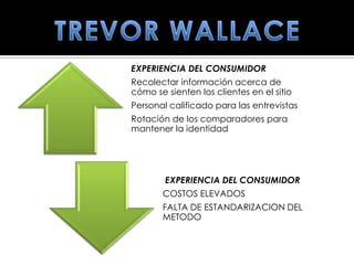EXPERIENCIA DEL CONSUMIDOR
Recolectar información acerca de
cómo se sienten los clientes en el sitio
Personal calificado para las entrevistas
Rotación de los comparadores para
mantener la identidad




        EXPERIENCIA DEL CONSUMIDOR
       COSTOS ELEVADOS
       FALTA DE ESTANDARIZACION DEL
       METODO
 