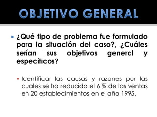    ¿Qué tipo de problema fue formulado
    para la situación del caso?, ¿Cuáles
    serían sus objetivos general y
    específicos?

     Identificar las causas y razones por las
     cuales se ha reducido el 6 % de las ventas
     en 20 establecimientos en el año 1995.
 