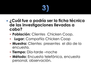    ¿Cuál fue o podría ser la ficha técnica
    de las investigaciones llevadas a
    cabo?
     Población: Clientes Chicken Coop.
     Lugar: Compañía Chicken Coop
     Muestra: Clientes presentes el día de la
      encuesta.
     Tiempo: Día-tarde –noche
     Método: Encuesta telefónica, encuesta
      personal, observación.
 