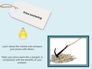 Learn about the market and compare
your prices with others.
Make your price seem like a bargain, in
comparison with the benefits of your
product.

 