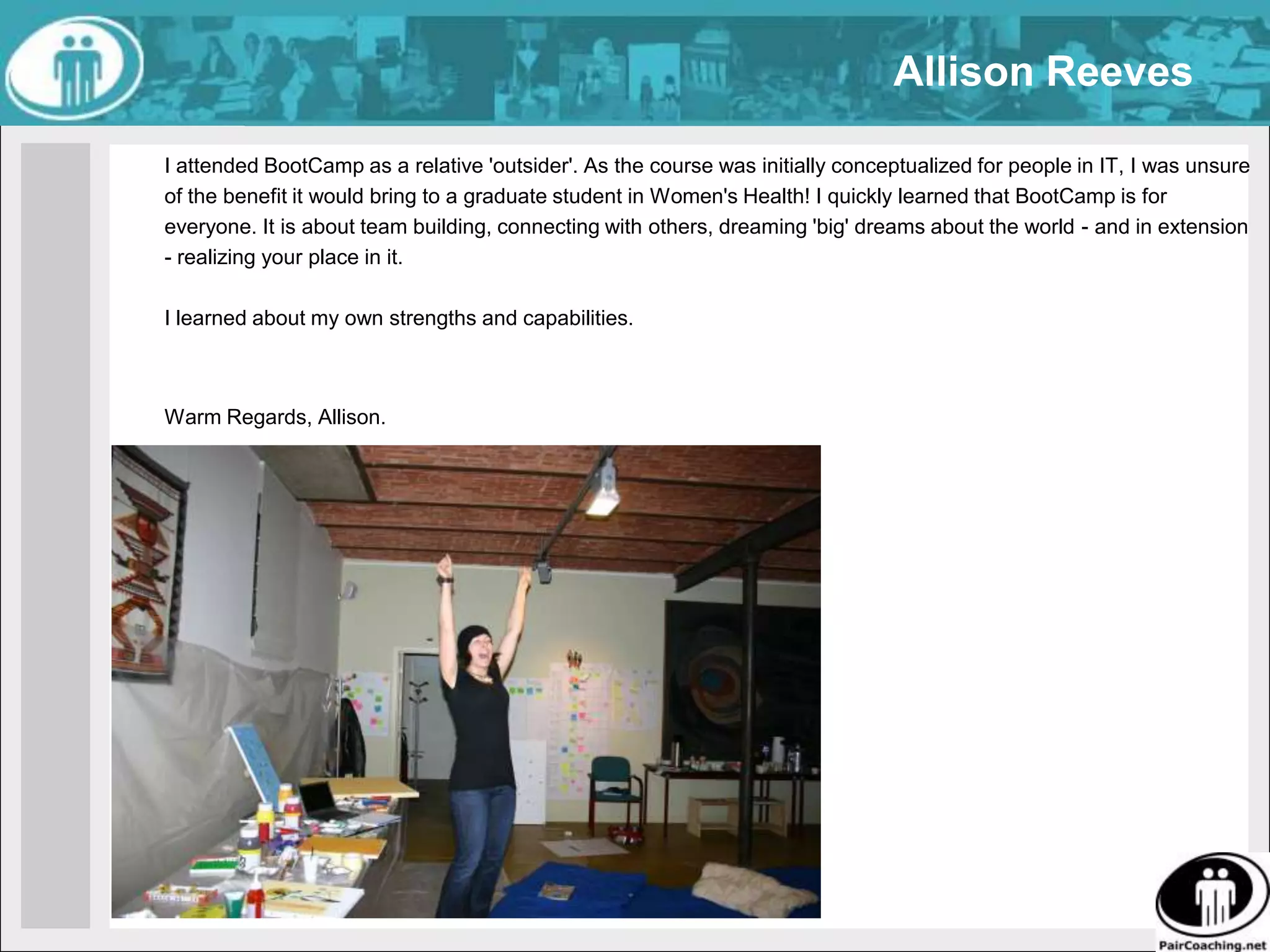 ReBoot team = Team²/McCarthy BootCampMcCarthy Tech started in 1996Jim and Michele McCarthy left successful leadership positions at Microsoft to form an innovative teamwork laboratory. www.mccarthyshow.comSince 1996 they have rigorously studied and codified the “great practices” for teams to get into and maintain a state of shared vision. These great practices are called The Core Protocols.+200 BootCamps16 certified core trainersBooted Installshield Booted Maxis after SimCity before SimsBooted +600 people at Haliburton