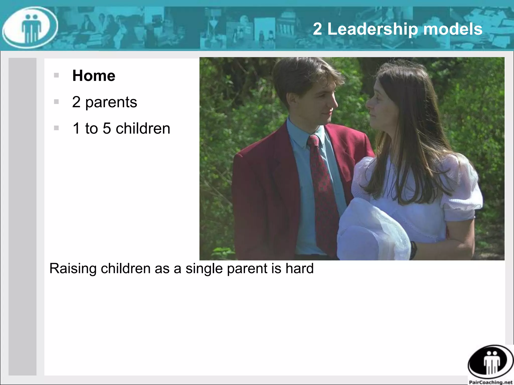 2 Leadership modelsHome2 parents1 to 5 childrenRaising children as a single parent is hard