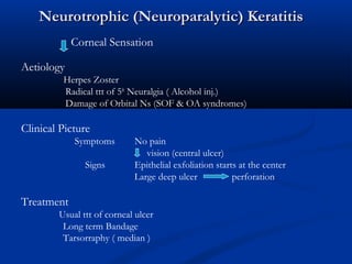Neurotrophic (Neuroparalytic) KeratitisNeurotrophic (Neuroparalytic) Keratitis
Corneal Sensation
Aetiology
Herpes Zoster
Radical ttt of 5th
Neuralgia ( Alcohol inj.)
Damage of Orbital Ns (SOF & OA syndromes)
Clinical Picture
Symptoms No pain
vision (central ulcer)
Signs Epithelial exfoliation starts at the center
Large deep ulcer perforation
Treatment
Usual ttt of corneal ulcer
Long term Bandage
Tarsorraphy ( median )
 