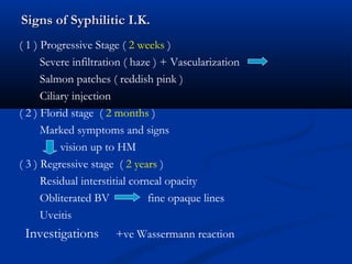 Signs of Syphilitic I.K.Signs of Syphilitic I.K.
( 1 ) Progressive Stage ( 2 weeks )
Severe infiltration ( haze ) + Vascularization
Salmon patches ( reddish pink )
Ciliary injection
( 2 ) Florid stage ( 2 months )
Marked symptoms and signs
vision up to HM
( 3 ) Regressive stage ( 2 years )
Residual interstitial corneal opacity
Obliterated BV fine opaque lines
Uveitis
Investigations +ve Wassermann reaction
 