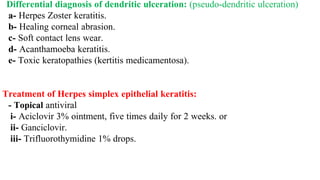 Differential diagnosis of dendritic ulceration: (pseudo-dendritic ulceration)
a- Herpes Zoster keratitis.
b- Healing corneal abrasion.
c- Soft contact lens wear.
d- Acanthamoeba keratitis.
e- Toxic keratopathies (kertitis medicamentosa).
Treatment of Herpes simplex epithelial keratitis:
- Topical antiviral
i- Aciclovir 3% ointment, five times daily for 2 weeks. or
ii- Ganciclovir.
iii- Trifluorothymidine 1% drops.
 
