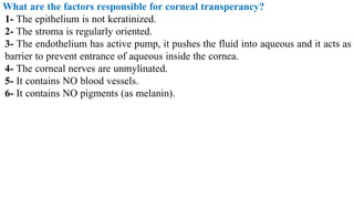 What are the factors responsible for corneal transperancy?
1- The epithelium is not keratinized.
2- The stroma is regularly oriented.
3- The endothelium has active pump, it pushes the fluid into aqueous and it acts as
barrier to prevent entrance of aqueous inside the cornea.
4- The corneal nerves are unmylinated.
5- It contains NO blood vessels.
6- It contains NO pigments (as melanin).
 