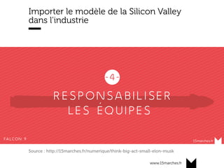 www.15marches.fr
Importer le modèle de la Silicon Valley
dans l’industrie
Source : http://15marches.fr/numerique/think-big-act-small-elon-musk
 