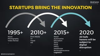 @dadovanpeteghem
1995+
Music
Photography
Video Rental
…
2010+
Print Media
TV
Travel
HR
…
2015+
Retail
Automotive
Education
Telco
Food
FMCG
Healthcare
Banking/Insurance
Logistics?
…
2020
All Safe
havens will be
subject to
digital
disruption
…
STARTUPS BRING THE INNOVATION
 