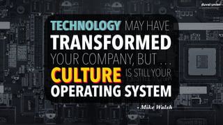 CULTURE
TECHNOLOGY
IS STILLYOUR
TRANSFORMED
TECHNOLOGY
YOUR COMPANY, BUT …
CULTURE IS STILLYOUR
OPERATING SYSTEM
MAY HAVE
- Mike Walsh
 