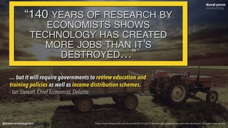 @dadovanpeteghem
“140 YEARS OF RESEARCH BY
ECONOMISTS SHOWS
TECHNOLOGY HAS CREATED
MORE JOBS THAN IT'S
DESTROYED…”
… but i...