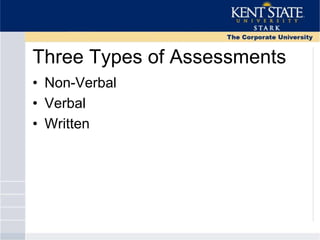Three Types of Assessments
• Non-Verbal
• Verbal
• Written
 