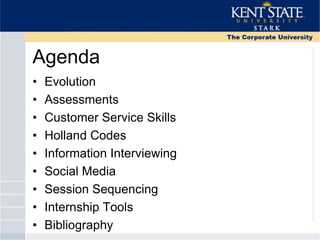 Agenda
• Evolution
• Assessments
• Customer Service Skills
• Holland Codes
• Information Interviewing
• Social Media
• Session Sequencing
• Internship Tools
• Bibliography
 