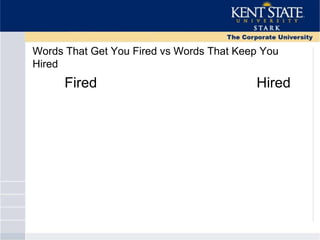 Words That Get You Fired vs Words That Keep You
Hired
Fired Hired
 