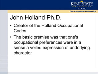 John Holland Ph.D.
• Creator of the Holland Occupational
Codes
• The basic premise was that one's
occupational preferences were in a
sense a veiled expression of underlying
character
 