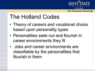 The Holland Codes
• Theory of careers and vocational choice
based upon personality types
• Personalities seek out and ﬂourish in
career environments they ﬁt
• Jobs and career environments are
classiﬁable by the personalities that
ﬂourish in them
 