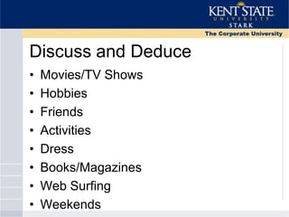 Discuss and Deduce
• Movies/TV Shows
• Hobbies
• Friends
• Activities
• Dress
• Books/Magazines
• Web Surfing
• Weekends
 