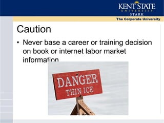 Caution
• Never base a career or training decision
on book or internet labor market
information
 