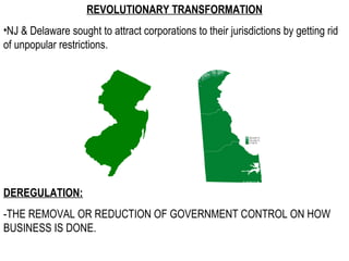 REVOLUTIONARY TRANSFORMATION NJ & Delaware sought to attract corporations to their jurisdictions by getting rid of unpopular restrictions. DEREGULATION: -THE REMOVAL OR REDUCTION OF GOVERNMENT CONTROL ON HOW BUSINESS IS DONE.  