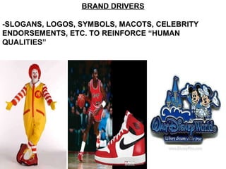 BRAND DRIVERS -SLOGANS, LOGOS, SYMBOLS, MACOTS, CELEBRITY ENDORSEMENTS, ETC. TO REINFORCE “HUMAN QUALITIES” 