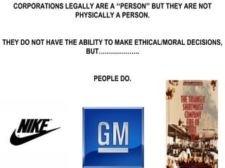 CORPORATIONS LEGALLY ARE A “PERSON” BUT THEY ARE NOT
PHYSICALLY A PERSON.
THEY DO NOT HAVE THE ABILITY TO MAKE ETHICAL/MORAL DECISIONS,
BUT………………..
PEOPLE DO.
 