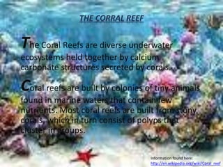The Coral Reefs are diverse underwater
ecosystems held together by calcium
carbonate structures secreted by corals.
Coral reefs are built by colonies of tiny animals
found in marine waters that contain few
nutrients. Most coral reefs are built from stony
corals, which in turn consist of polyps that
cluster in groups.
Information found here:
http://en.wikipedia.org/wiki/Coral_reef
 