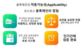추가적인 장비와 막대한
전기비가 필요없는
저렴하고, 안전한 방법
모든 코인 보유자들이
참여 가능한
보상 시스템
코인을 보유한 만큼
권한,책임,권리 부여
단기간에
검증 완료
코스모스 블록체인의 성능
블록체인의 적용갶ĵ성(Applicability)
 