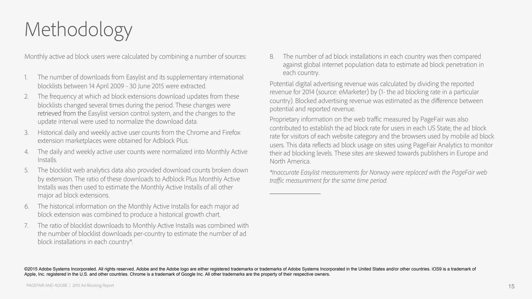 Monthly active ad block users were calculated by combining a number of sources:
1.  The number of downloads from Easylist and its supplementary international
blocklists between 14 April 2009 - 30 June 2015 were extracted.
2.  The frequency at which ad block extensions download updates from these
blocklists changed several times during the period. These changes were
retrieved from the Easylist version control system, and the changes to the
update interval were used to normalize the download data.
3.  Historical daily and weekly active user counts from the Chrome and Firefox
extension marketplaces were obtained for Adblock Plus.
4.  The daily and weekly active user counts were normalized into Monthly Active
Installs.
5.  The blocklist web analytics data also provided download counts broken down
by extension. The ratio of these downloads to Adblock Plus Monthly Active
Installs was then used to estimate the Monthly Active Installs of all other
major ad block extensions.
6.  The historical information on the Monthly Active Installs for each major ad
block extension was combined to produce a historical growth chart.
7.  The ratio of blocklist downloads to Monthly Active Installs was combined with
the number of blocklist downloads per-country to estimate the number of ad
block installations in each country*.
8.  The number of ad block installations in each country was then compared
against global internet population data to estimate ad block penetration in
each country.
Potential digital advertising revenue was calculated by dividing the reported
revenue for 2014 (source: eMarketer) by (1- the ad blocking rate in a particular
country). Blocked advertising revenue was estimated as the diﬀerence between
potential and reported revenue.
Proprietary information on the web traﬃc measured by PageFair was also
contributed to establish the ad block rate for users in each US State, the ad block
rate for visitors of each website category and the browsers used by mobile ad block
users. This data reflects ad block usage on sites using PageFair Analytics to monitor
their ad blocking levels. These sites are skewed towards publishers in Europe and
North America.
*Inaccurate Easylist measurements for Norway were replaced with the PageFair web
traﬃc measurement for the same time period.
______________
Methodology
PAGEFAIR AND ADOBE | 2015 Ad Blocking Report 15
©2015 Adobe Systems Incorporated. All rights reserved. Adobe and the Adobe logo are either registered trademarks or trademarks of Adobe Systems Incorporated in the United States and/or other countries. iOS9 is a trademark of
Apple, Inc. registered in the U.S. and other countries. Chrome is a trademark of Google Inc. All other trademarks are the property of their respective owners.
 