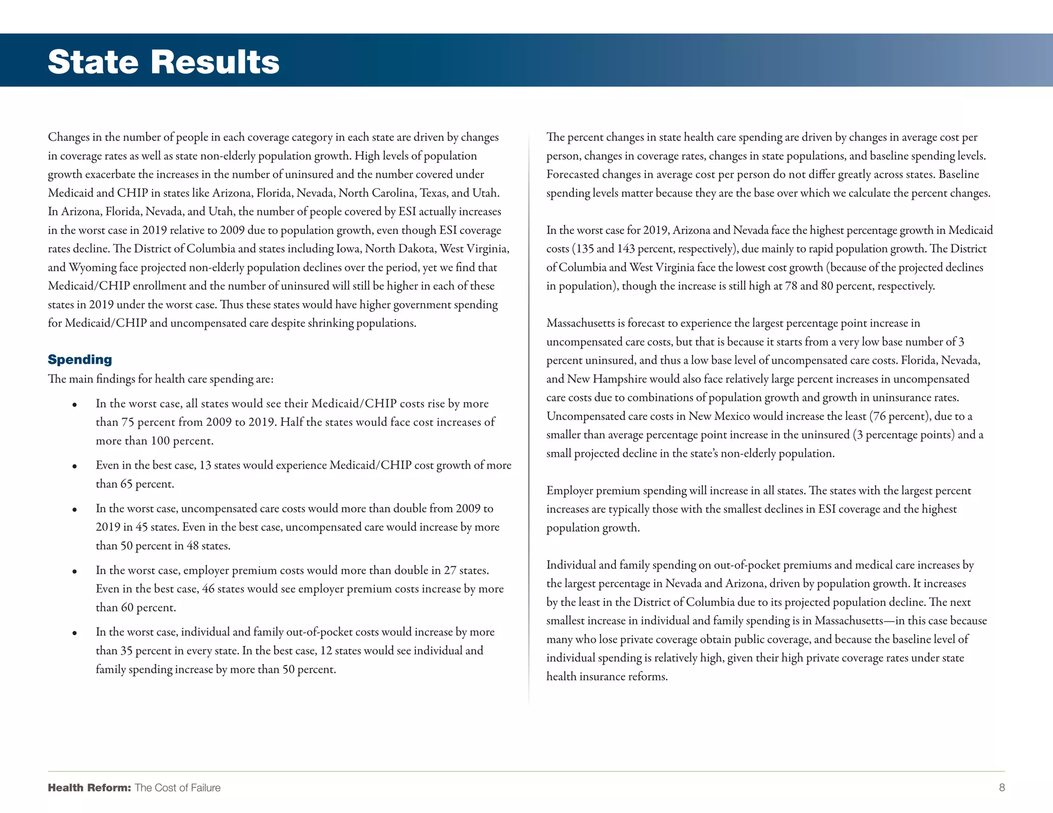 State Results

Changes in the number of people in each coverage category in each state are driven by changes     The percent changes in state health care spending are driven by changes in average cost per
in coverage rates as well as state non-elderly population growth. High levels of population       person, changes in coverage rates, changes in state populations, and baseline spending levels.
growth exacerbate the increases in the number of uninsured and the number covered under           Forecasted changes in average cost per person do not differ greatly across states. Baseline
Medicaid and CHIP in states like Arizona, Florida, Nevada, North Carolina, Texas, and Utah.       spending levels matter because they are the base over which we calculate the percent changes.
In Arizona, Florida, Nevada, and Utah, the number of people covered by ESI actually increases
in the worst case in 2019 relative to 2009 due to population growth, even though ESI coverage     In the worst case for 2019, Arizona and Nevada face the highest percentage growth in Medicaid
rates decline. The District of Columbia and states including Iowa, North Dakota, West Virginia,   costs (135 and 143 percent, respectively), due mainly to rapid population growth. The District
and Wyoming face projected non-elderly population declines over the period, yet we find that      of Columbia and West Virginia face the lowest cost growth (because of the projected declines
Medicaid/CHIP enrollment and the number of uninsured will still be higher in each of these        in population), though the increase is still high at 78 and 80 percent, respectively.
states in 2019 under the worst case. Thus these states would have higher government spending
for Medicaid/CHIP and uncompensated care despite shrinking populations.                           Massachusetts is forecast to experience the largest percentage point increase in
                                                                                                  uncompensated care costs, but that is because it starts from a very low base number of 3
Spending                                                                                          percent uninsured, and thus a low base level of uncompensated care costs. Florida, Nevada,
The main findings for health care spending are:                                                   and New Hampshire would also face relatively large percent increases in uncompensated
    •	   In the worst case, all states would see their Medicaid/CHIP costs rise by more           care costs due to combinations of population growth and growth in uninsurance rates.
         than 75 percent from 2009 to 2019. Half the states would face cost increases of          Uncompensated care costs in New Mexico would increase the least (76 percent), due to a
         more than 100 percent.                                                                   smaller than average percentage point increase in the uninsured (3 percentage points) and a
                                                                                                  small projected decline in the state’s non-elderly population.
    •	   Even in the best case, 13 states would experience Medicaid/CHIP cost growth of more
         than 65 percent.
                                                                                                  Employer premium spending will increase in all states. The states with the largest percent
    •	   In the worst case, uncompensated care costs would more than double from 2009 to          increases are typically those with the smallest declines in ESI coverage and the highest
         2019 in 45 states. Even in the best case, uncompensated care would increase by more      population growth.
         than 50 percent in 48 states.
    •	   In the worst case, employer premium costs would more than double in 27 states.           Individual and family spending on out-of-pocket premiums and medical care increases by
         Even in the best case, 46 states would see employer premium costs increase by more       the largest percentage in Nevada and Arizona, driven by population growth. It increases
         than 60 percent.                                                                         by the least in the District of Columbia due to its projected population decline. The next
                                                                                                  smallest increase in individual and family spending is in Massachusetts—in this case because
    •	   In the worst case, individual and family out-of-pocket costs would increase by more
                                                                                                  many who lose private coverage obtain public coverage, and because the baseline level of
         than 35 percent in every state. In the best case, 12 states would see individual and
                                                                                                  individual spending is relatively high, given their high private coverage rates under state
         family spending increase by more than 50 percent.
                                                                                                  health insurance reforms.




Health Reform: The Cost of Failure                                                                                                                                                                 8
 