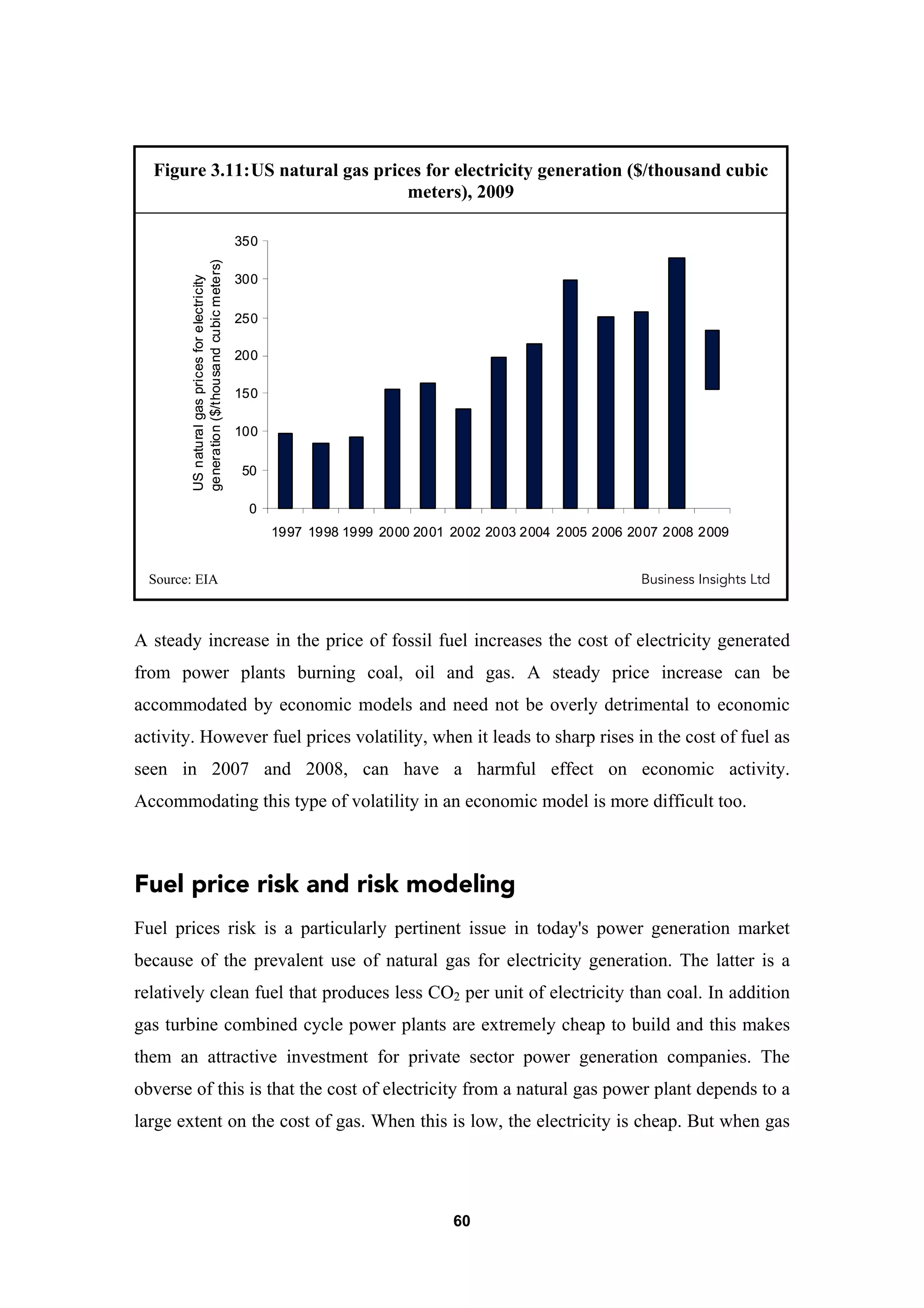 60
Figure 3.11:US natural gas prices for electricity generation ($/thousand cubic
meters), 2009
0
50
100
150
200
250
300
350
1997 1998 1999 2000 2001 2002 2003 2004 2005 2006 2007 2008 2009
USnaturalgaspricesforelectricity
generation($/thousandcubicmeters)
0
50
100
150
200
250
300
350
1997 1998 1999 2000 2001 2002 2003 2004 2005 2006 2007 2008 2009
USnaturalgaspricesforelectricity
generation($/thousandcubicmeters)
Source: EIA Business Insights Ltd
A steady increase in the price of fossil fuel increases the cost of electricity generated
from power plants burning coal, oil and gas. A steady price increase can be
accommodated by economic models and need not be overly detrimental to economic
activity. However fuel prices volatility, when it leads to sharp rises in the cost of fuel as
seen in 2007 and 2008, can have a harmful effect on economic activity.
Accommodating this type of volatility in an economic model is more difficult too.
Fuel price risk and risk modeling
Fuel prices risk is a particularly pertinent issue in today's power generation market
because of the prevalent use of natural gas for electricity generation. The latter is a
relatively clean fuel that produces less CO2 per unit of electricity than coal. In addition
gas turbine combined cycle power plants are extremely cheap to build and this makes
them an attractive investment for private sector power generation companies. The
obverse of this is that the cost of electricity from a natural gas power plant depends to a
large extent on the cost of gas. When this is low, the electricity is cheap. But when gas
 