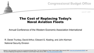 Congressional Budget Office
Annual Conference of the Western Economic Association International
June 27, 2020
R. Derek Trunkey, David Arthur, Edward G. Keating, and John Kerman
National Security Division
The Cost of Replacing Today’s
Naval Aviation Fleets
Material in this presentation comes from Congressional Budget Office, The Cost of Replacing Today’s Naval Aviation Fleet (January 2020), www.cbo.gov/publication/55949, and
The Cost of Replacing the Department of Defense’s Current Aviation Fleet (January 2020), www.cbo.gov/publication/55950.
 