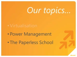 Virtualisation  - The BenefitsElectricity24 physical servers to 9 physical serversCoolingLess servers to cool has cut down on our need to increase our cooling facilitiesMaintenanceLess physical servers to maintainVirtually no downtimeResponsiveEasily install new serverEasily increase resources available to a server£12,000