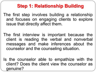 Step 1: Relationship Building
The first step involves building a relationship
and focuses on engaging clients to explore
issue that directly affect them.
The first interview is important because the
client is reading the verbal and nonverbal
messages and make inferences about the
counselor and the counseling situation.

Is the counselor able to empathize with the
client? Does the client view the counselor as
genuine?

 