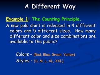A Different Way
Example 1: The Counting Principle.
A new polo shirt is released in 4 different
colors and 5 different sizes. How many
different color and size combinations are
available to the public?
Colors – (Red, Blue, Green, Yellow)
Styles – (S, M, L, XL, XXL)
 